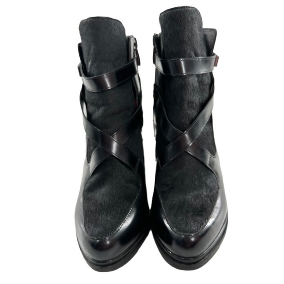 French Connection ankle bootie 41 black patent leather calf hair platform boots - Picture 3 of 11